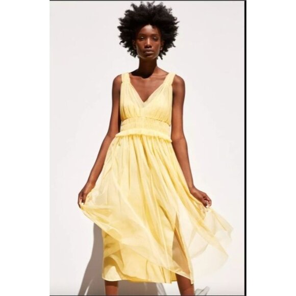 Zara Pastel Butter Yellow V-Neck Tulle Midi Dress Ruffle Ethereal Balletcore - Picture 3 of 16